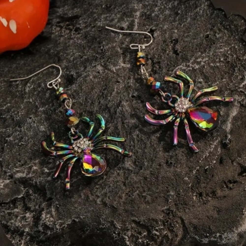 NWT! Halloween Holiday Multicolored Shimmer Pierced Dangle Spider Earrings!